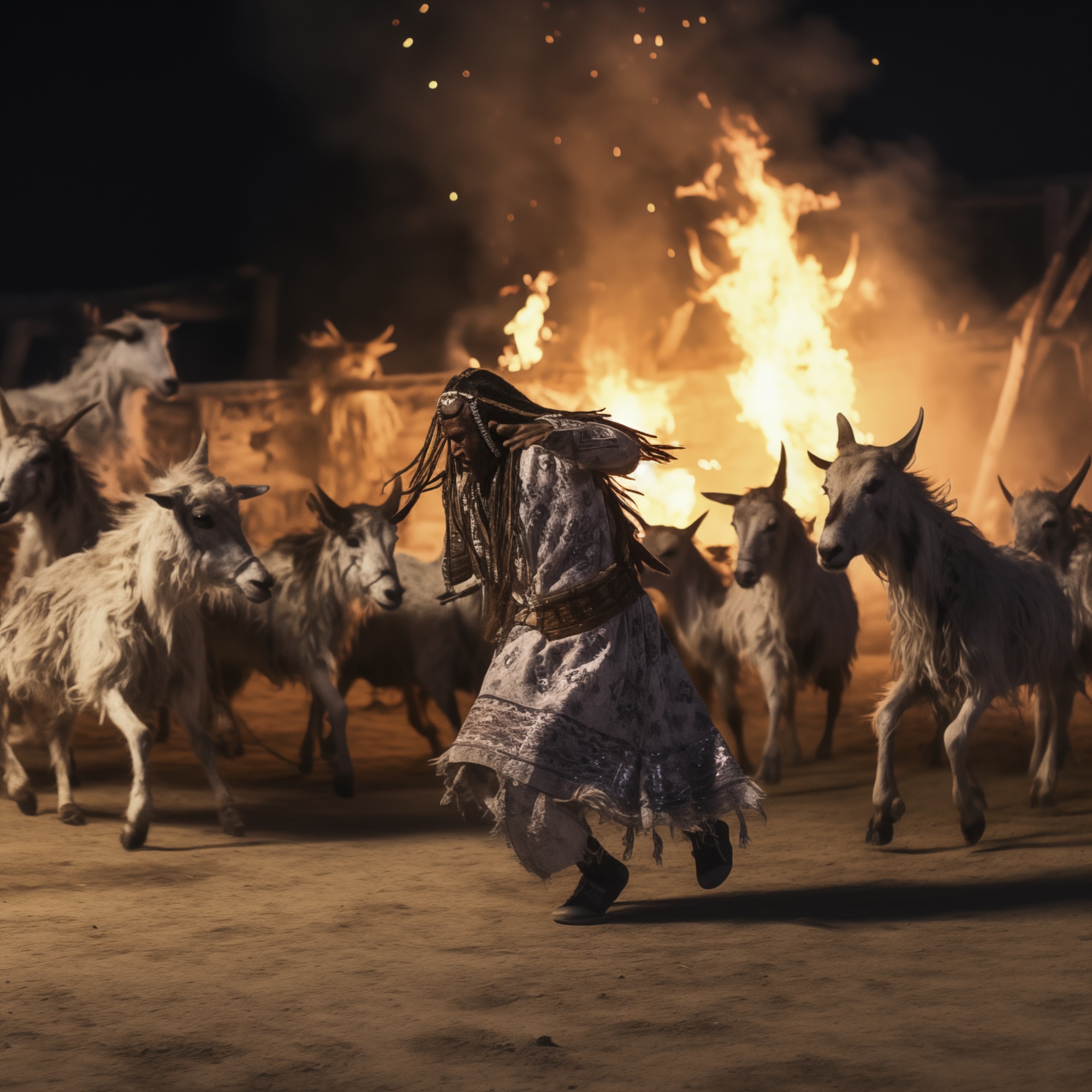 A person dancing energetically among a group of white goats at night. A large fire blazes in the background, illuminating the scene with warm light and creating a dramatic contrast against the dark surroundings.
