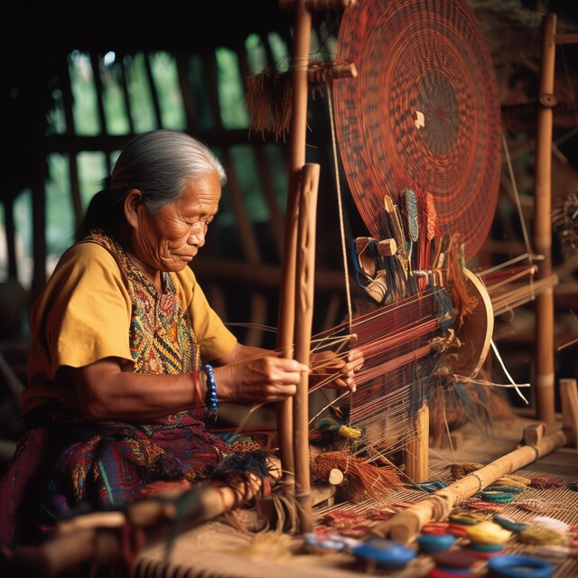 An elderly woman in a yellow patterned top and colourful woven skirt sits at a wooden loom in a dimly lit open-sided workshop. A large circular red woven disc is mounted behind the loom. Colourful spools of thread are arranged on the ground in front of her. The image has a warm, photorealistic quality with natural light filtering in from behind.