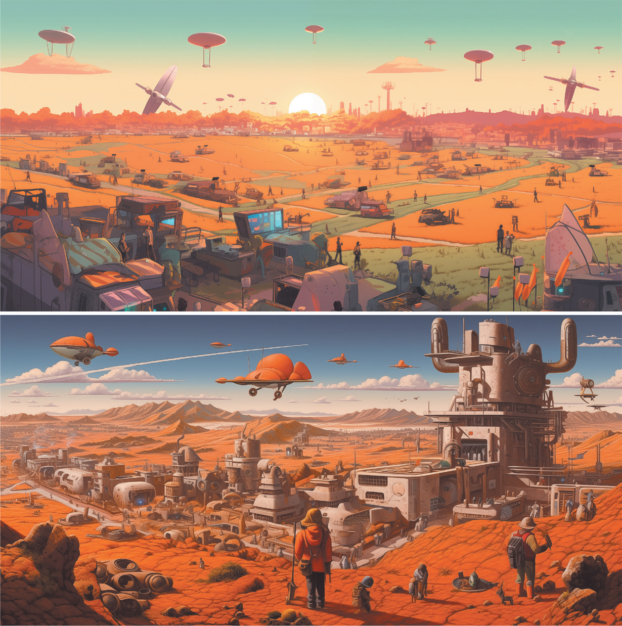 Top image: An AI-generated illustration of a futuristic landscape at sunset with vast orange fields dotted with vehicles and people. Floating platforms and aircraft hover in the sky, while distant city structures rise on the horizon. The scene blends advanced technology with open rural spaces in warm, glowing tones. The style evokes a graphic novel or animation concept art aesthetic. Bottom image: An AI-generated illustration of a sci-fi settlement on a rocky, desert-like terrain with mountains in the background suggestive both of other planets and of the Andean highlands. The scene features complex industrial buildings and pipelines, but with rustic, rounded forms. People walk among machinery and structures, while sleek, orange aircraft fly overhead. The composition emphasises scale and human presence within a vast, alien-like environment. The style leans toward retro-futurism, reminiscent of classic sci-fi illustrations.