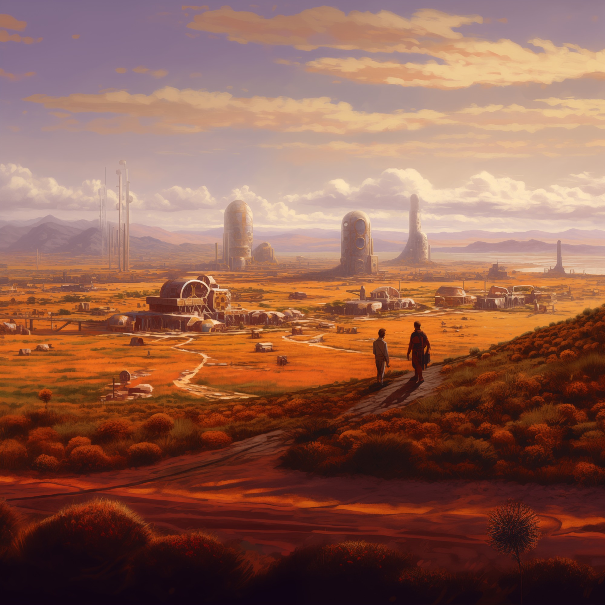 Two figures walk along a path through a vast orange-red landscape dotted with scrubby vegetation. In the middle distance, futuristic structures rise from the plain — domed buildings, tall cylindrical towers, and smaller settlements connected by winding paths. Mountains line the horizon under a purple and orange sky with scattered clouds. The style resembles science fiction concept art.