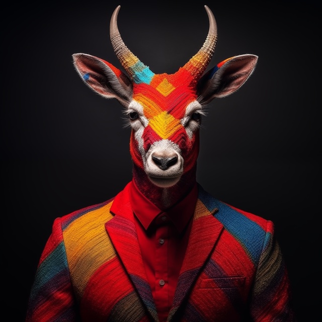 A portrait of an anthropomorphic figure with the head and horns of a deer and the body of a person, wearing a brightly coloured suit with geometric patterns in red, blue, yellow, and green. Dark studio-style background. The figure faces the viewer directly in a formal seated pose.