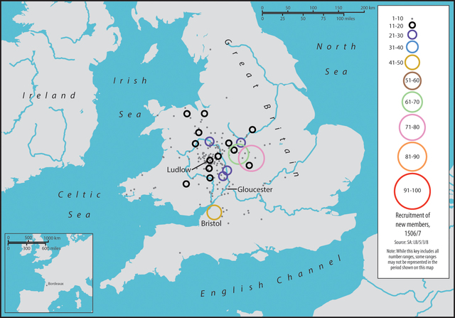 Map 0.9. A map of Great Britain and Ireland. Circles of varying sizes demonstrate the number of new recruits of the Palmers' Guild in 1506/7. Coventry has the largest circle with between 71 and 80 new recruits while Birmingham has the next largest circle with between 61 and 70 new recruits. Gloucester, Bristol, and Ludlow are also labelled.