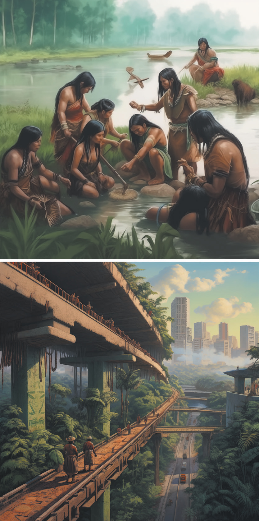 Top image: An AI-generated painting showing a group of Indigenous women all with long loose black hair gathered at a riverbank in a lush forest setting, engaged in traditional cleaning activities. They are wearing simple garments made of natural fibres and some jewellery. There is a canoe and an animal in the background. There are also evident hallucinations with extraneous elements appearing in the centre of the image. The figures are also generally quite blurred. Bottom image: An AI-generated painting of a futuristic cityscape featuring towering green elevated roads covered in vines and foliage. Indigenous people wearing traditional clothing, some bare-chested, walk along an elevated rustic path with Aztec-looking designs above dense jungle, while modern skyscrapers rise in the distance. Below, a road with vehicles runs through the verdant landscape, blending urban and natural environments.