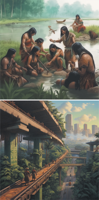 Top image: An AI-generated painting showing a group of Indigenous women all with long loose black hair gathered at a riverbank in a lush forest setting, engaged in traditional cleaning activities. They are wearing simple garments made of natural fibres and some jewellery. There is a canoe and an animal in the background. There are also evident hallucinations with extraneous elements appearing in the centre of the image. The figures are also generally quite blurred. Bottom image: An AI-generated painting of a futuristic cityscape featuring towering green elevated roads covered in vines and foliage. Indigenous people wearing traditional clothing, some bare-chested, walk along an elevated rustic path with Aztec-looking designs above dense jungle, while modern skyscrapers rise in the distance. Below, a road with vehicles runs through the verdant landscape, blending urban and natural environments.