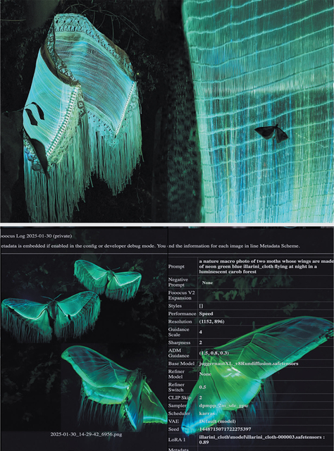 Top image: A photograph of a glowing textile piece with intricate woven patterns and long fringes, emits a soft blue-green light. It is draped in a natural outdoor setting among leaves and branches and a moth is hanging onto the fabric on the right of the image. The fabric’s texture and luminous threads create a striking, ethereal effect. Bottom image: A screenshot of an AI image-generation interface showing four luminous moths with wings resembling delicate woven fabric, glowing in neon green and blue hues against a dark forest background. Their fringed wings and radiant light give the scene a surreal, otherworldly appearance. Overlaid text includes technical details of the image generation process including the text prompt showing the use of a LoRA model.