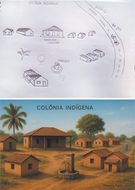 Top image: A hand-drawn sketch – pencil on white paper – labelled ‘Colônia Indígena’ shows a layout of an Indigenous settlement with small houses, a larger house marked ‘Casa com Varanda’ [house with veranda], a building labelled ‘Escola’ [school], a fountain labelled ‘Chafariz’, trees, and a curved road marked ‘Rodovia BR-101’ [route BR-101] with a car or truck on it. Bottom image: A realistic AI-generated illustration of the Indigenous settlement sketched in Fig 12.3 top, with adobe or brick houses with tiled rooves, a central fountain labelled ‘Chafariz’ [fountain, in Portuguese], a large house with a veranda, palm trees, and a paved road curving through the scene under clear skies with a bicycle on it. The image is labelled ‘COLÔNIA INDÍGENA’ at the top and signed, bottom right, by Nhenety Kariri-Xocó.