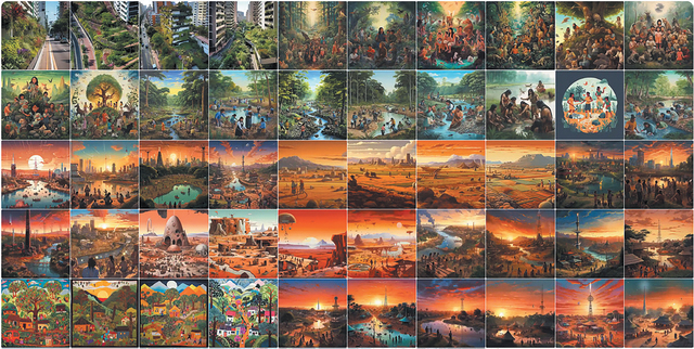 A grid of AI-generated images, depicting diverse scenes of nature, community, and futuristic landscapes. The top rows feature lush greenery, forests, and gatherings of people in vibrant, idyllic settings. Middle rows show expansive cityscapes, rivers, and agricultural plains under glowing skies. Lower rows include imaginative architecture, desert-like environments, and vivid sunset scenes.