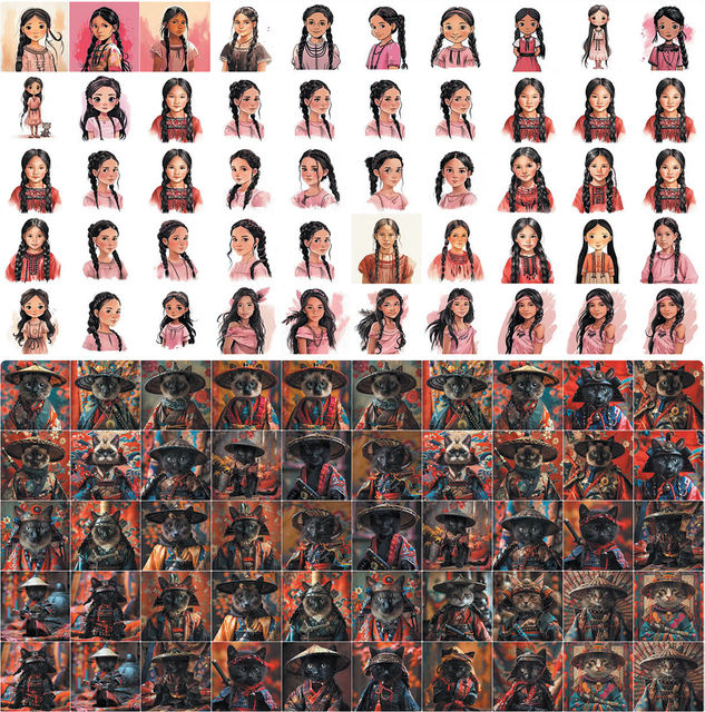 Two grids of AI generated images. The top grid features portraits of a young girl, aged around nine, with braided hairstyles and traditional-style garments in shades of pink and red. Each square highlights intricate hair arrangements – single, double, and multiple braids – paired with decorative accessories and patterned textiles. The artistic style is semi-realistic with soft, painterly textures and delicate shading, evoking a handcrafted aesthetic. The second grid features photographs of cats dressed in elaborate, colourful garments inspired by traditional Japanese clothing, complete with parasol hats and ornamental details. The style blends realism with fantasy. Rich reds, blues, and gold dominate the palette.