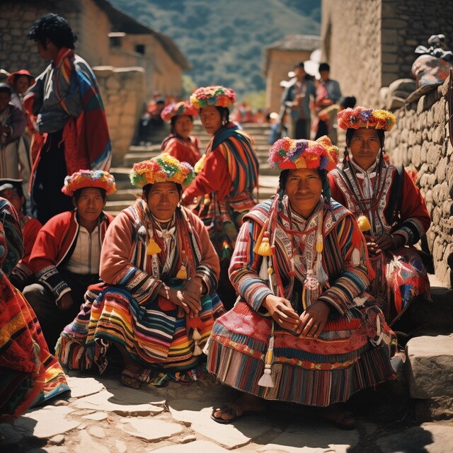 A group of people in colourful Andean textiles and floral headdresses seated on stone steps in a hillside setting with stone walls. The composition resembles a group portrait photograph. The faces are photorealistic but notably similar to one another.
