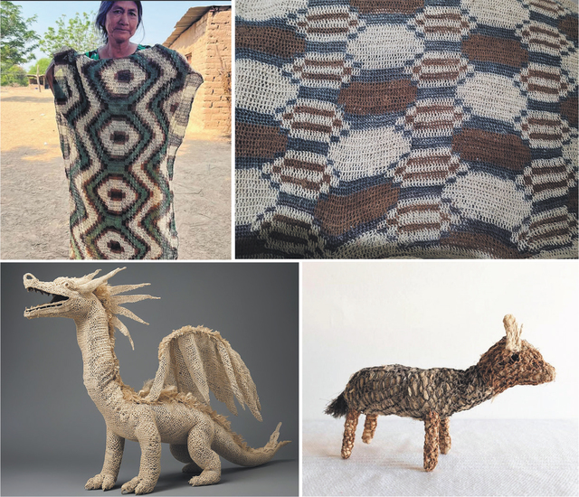 Set of four images. Top two are photographs showing traditional loose-woven plant-fibre textiles with geometric patterns in brown, beige and dark blue. Image top left shows a woman holding the textile in front of her with adobe house, dusty yard and trees in background; top right is a close-up of the textile showing the detail. Bottom left image shows an AI-generated model of a dragon made with beige fibres against a plain dark background. Bottom right image shows a model of a small animal, possibly a fox, made with a range of earthy-coloured fibres, against a plain white background.