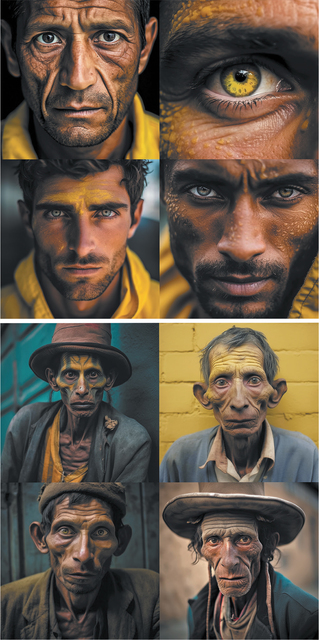 Top image: Set of four AI-generated photographs where the top left image and both images at the bottom are portraits of a dark-skinned man wearing a bright yellow hooded garment. Images at the bottom show a closely trimmed beard and the face of a younger man. Top left image show a deeply lined, haggard face. The top-right image shows a close-up of a striking greenish-yellow eye with detailed iris patterns. Bottom image: Set of four AI-generated photographic portraits showing an old man with dark, deeply lined skin, prominent ears, gaunt expression, staring straight at the camera, wearing worn, layered clothing and mostly wide-brimmed hats. Earthy colours dominate the clothing, with textures suggesting rugged, traditional or rural attire. Backgrounds vary: teal wooden panels, bright yellow brick wall, muted blue door, and soft beige tones.