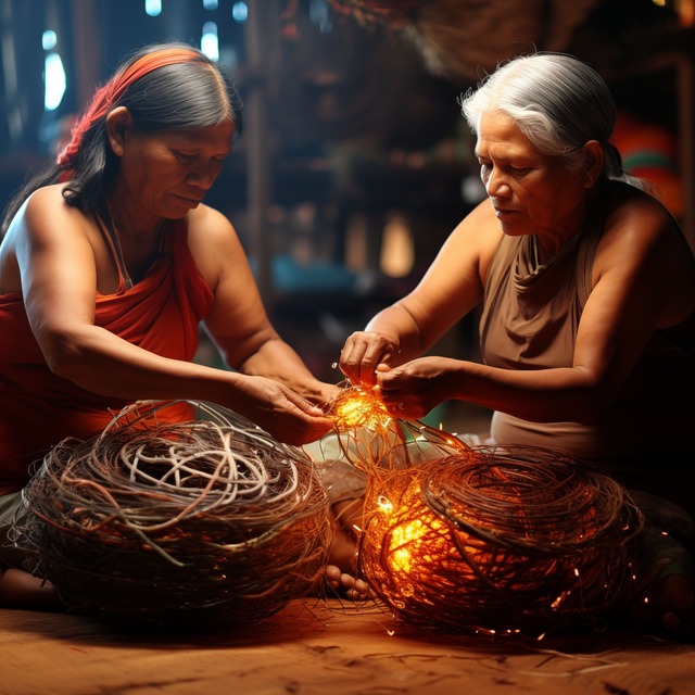 Two elderly women sit together working with coiled basket-like structures made of woven fibres. Some of the baskets glow with amber light from within. The setting is a warm, dimly lit interior. Both women wear simple clothing and are focused on the objects in their hands.