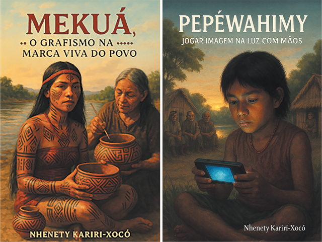 Left image: An AI-generated book cover titled Mekuá, o grafismo na marca viva do povo [Body Painting as the Living ‘Brand’ of Our People] by Nhenety Kariri-Xocó. It shows two Indigenous women seated by a riverbank, holding and surrounded by several clay pots decorated with intricate geometric patterns. Their bodies are adorned with similar painted designs, and the background features calm water and greenery. The illustration has a realistic, painterly style with fine details in the body paint and pottery patterns. It evokes a traditional, cultural theme, emphasizing craftsmanship and heritage. Right image: An AI-generated book cover titled Pepéwahimy: jogar imagem na luz com mãos [Using One’s Hands to Play with Images Made of Light] by Nhenety Kariri-Xocó. It depicts a young Indigenous boy sitting outdoors at dusk, holding a glowing handheld device. Behind him are traditional thatched-roof huts and three seated figures in soft focus, with warm, muted earth tones throughout. The illustration has a realistic, painterly style with fine details. The glowing blue light from the handheld device adds a striking, cool contrast against the warm dusky background.