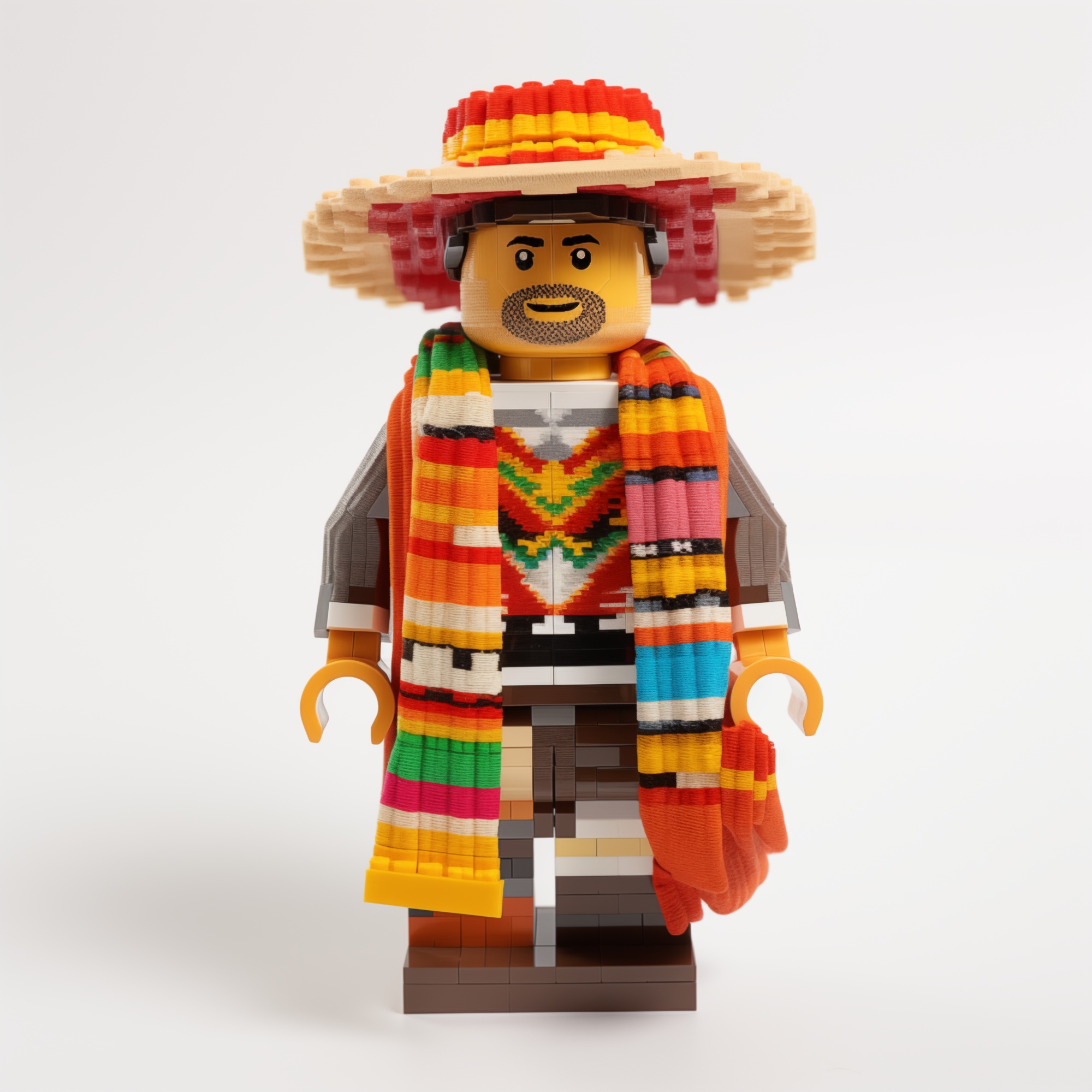 A Lego-style figure wearing a wide-brimmed hat with red detailing, a colourful poncho with geometric patterns, and a striped scarf, standing on a brown base against a white background. The figure combines Lego construction with textile-like fabric elements.