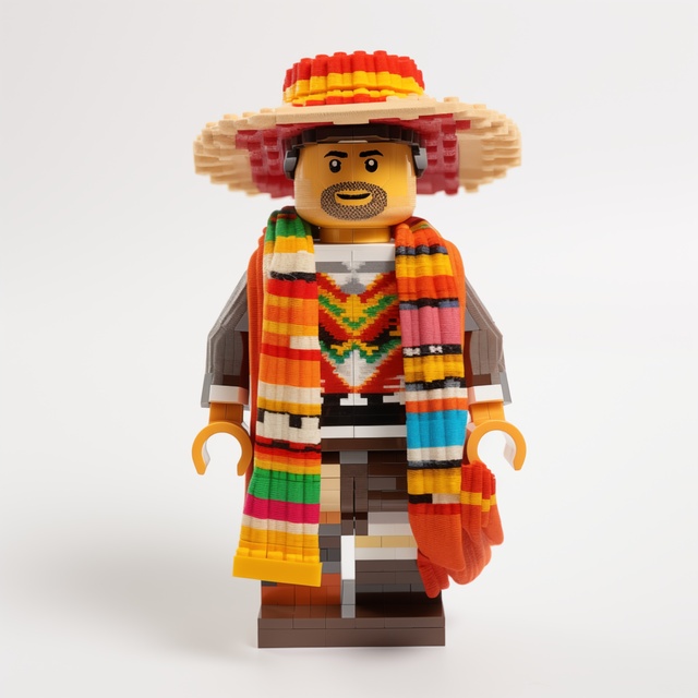 A Lego-style figure wearing a wide-brimmed hat with red detailing, a colourful poncho with geometric patterns, and a striped scarf, standing on a brown base against a white background. The figure combines Lego construction with textile-like fabric elements.