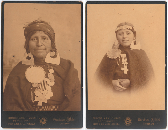 Two sepia-toned old portraits of Mapuche women – identified as ‘indios araucanos’ [Araucanian Indians] from ‘Traiguen, South America, Chile’ in the text at the bottom of each and as having been taken by the photographer Gustavo Milet. The women both wear similar dark clothing and the same large silver necklace, earrings and broach. There is the hint of some background imagery in the image on the left; the image on the right fades out to only reveal the figure of the woman herself. Both women pose in a rigid fashion, looking straight at the camera and with a smile on their lips.