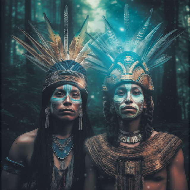 An AI-generated photograph of a woman (left) and a man (right) standing in a forest wearing elaborate Indigenous-style feathered headdresses and traditional-looking garments. The woman has layered blue and gold accessories and long braided hair, while the man wears a golden headdress with blue accents, thick braids, and a woven garment over his shoulders with a decorative chest piece. Both are wearing white and blue face paint. Soft light filters through the trees, creating a mystical atmosphere.