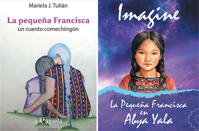Left image: An illustrated book cover featuring Indigenous cultural themes. The illustration is a drawing of two figures seated on grass, viewed from behind. One figure appears to be an old woman. She has long white hair in a braid and wears a brightly patterned garment with vertical stripes in red, blue, yellow, and black. The other appears to be a girl. She has long dark hair in a braid and wears a lilac dress. Text above reads: Mariela J. Tulián – La pequeña Francisca, un cuento comechingón [Little Francisca: A Comechingón Story] with publisher’s name at the bottom. Right image: An illustrated book cover featuring Indigenous cultural themes. The AI-generated illustration is a drawing of a girl aged around nine with long dark braids wearing a traditional woven garment in red and brown tones, adorned with geometric patterns. The background is a vivid purple and blue sky with stars, suggesting a cosmic or dreamlike setting. Text reads: Imagine – La Pequeña Francisca en Abya Yala [Imagine: Little Francisca in Abya Yala].
