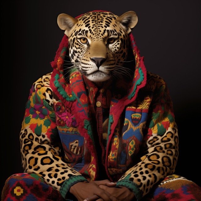 A portrait of a seated figure with the head of a jaguar and the hands of a human, wearing a vibrant hooded garment with colourful patchwork patterns in red, blue, green, and yellow over a leopard-print body. Dark studio background. The figure's hands are folded in its lap.