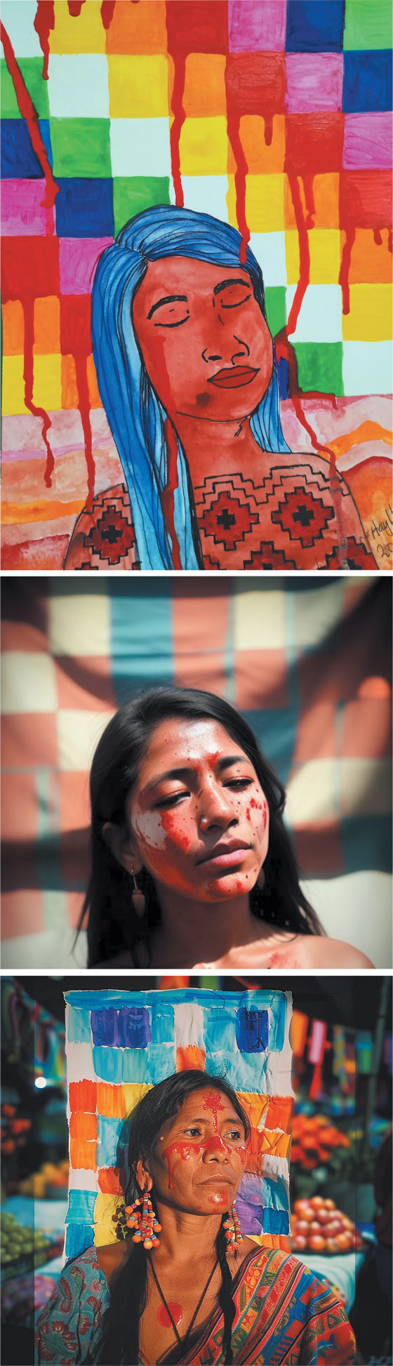 Top image: Colourful watercolour painting featuring the head and shoulders of a dark-skinned woman with long blue hair, eyes closed with geometric red and black patterns painted on her torso. The background consists of a vibrant checkerboard of multi-coloured squares – green, yellow, orange, pink, and blue – with bold red paint drips running down across the grid. Middle image: AI-generated photograph of a dark-skinned woman with long black hair and small gold dangly earrings, shown head and shoulders, eyes half-closed, and splatters of red and white paint on her face. Behind her, out of focus, there seems to be a chequered cloth with beige, terracotta and French blue tones. Bottom image: AI-generated photograph of an Indigenous woman shown head and shoulders, looking slightly away from the camera, with long black hair and wearing vibrant traditional clothing with intricate multicoloured patterns, including reds, blues, and greens. Large, colourful beaded earrings hang prominently and splodges of red paint drip down her face. Behind the figure is a hand-painted textile featuring a grid of bright squares in blue, orange, yellow, and red. The background shows blurred market stalls with piles of fruit and vivid decorations.