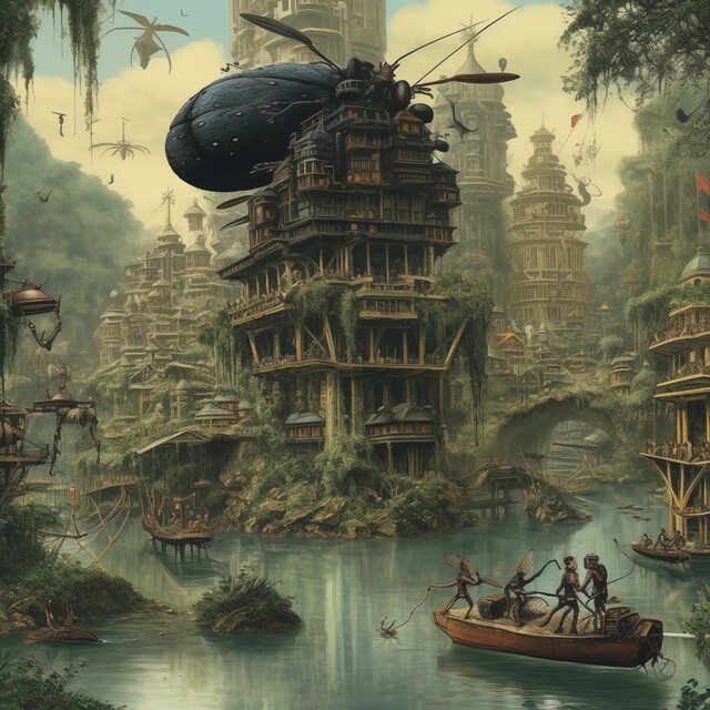 A detailed illustration of a fantastical city built into tropical vegetation along a river. Multi-storey wooden buildings covered in vines rise from the water, connected by roots. A giant beetle hovers above the tallest structure. Figures stand in a boat in the foreground. Flying creatures fill the hazy sky. Drawing-like style with muted earthy tones.