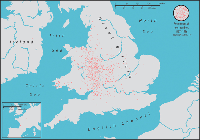 Map 0.2. A map of Great Britain and Ireland, covered in small dots that denote where new members of the Palmers' Guild of Ludlow were recruited from between 1497 and 1516. There are 822 locations with a dot, with a concentration around the Welsh-English border, the Midlands, and along the river Thames into London. An inset map shows Continental Europe with dots on Caminha, Troyes and Bordeaux.