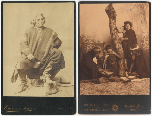 Two sepia-toned old portraits of Mapuche people. The image on the left, attributed to ‘Valck e hijo’ [Valck and son] in Valdivia, Chile shows an old man with copious silver hair sitting outside, wearing a traditional poncho as well as spurred riding boots and a wide-brimmed hat is visible on the floor. The background is blurred. The image on the right is of a group of three women and a child preparing food on the floor of a photographer’s studio. They are identified as ‘indios araucanos’ [Araucanian Indians] from ‘Traiguen, South America, Chile’ in the text at the bottom of the image and the photograph is attributed to Gustavo Milet. There is a gnarled, dead tree trunk in the middle of the image, straw on the ground and a screen in the backgrounds depicts a hazy natural environment including a classical plinth.