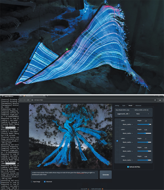 Two AI-generated photographs. The top image shows a large tree illuminated with vivid blue lights against a dark background, highlighting its branches in a striking, almost ethereal glow. An unseen light source from the left lights up the trunk and leaves. The bottom image shows a flowing, scarf-like structure that seems to radiate bright blue and white light suspended among trees at night, creating a dynamic, wave-like effect against the dark forest backdrop.