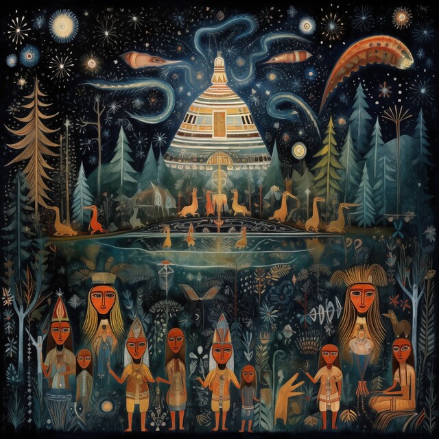 A dark, layered composition in a folk-art style. The upper half shows a luminous domed structure surrounded by trees and serpentine forms against a starry sky. The lower half displays rows of stylised figures with ornamental headdresses and colourful clothing, arranged in a frieze-like formation.