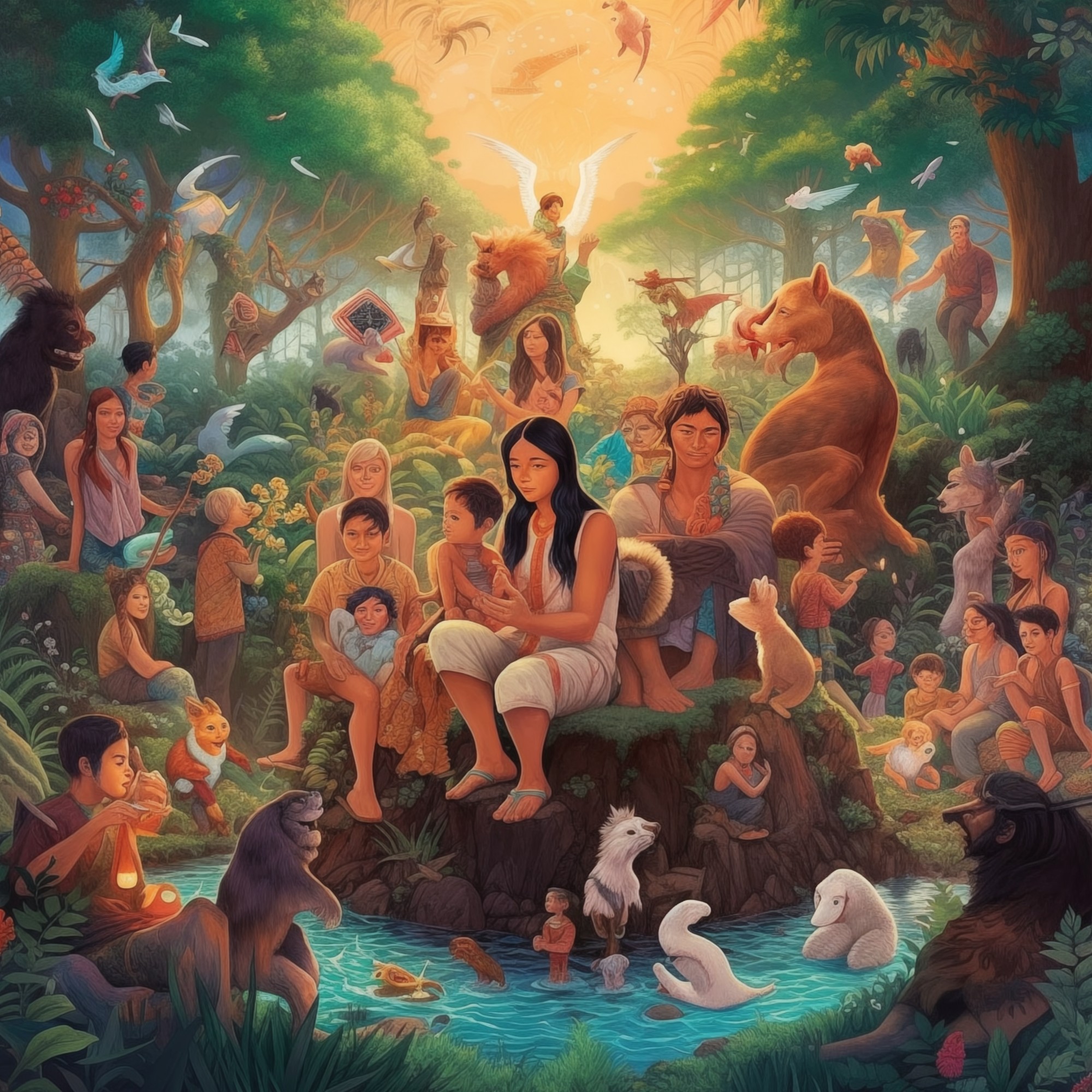 A densely populated painting-like scene of people of various ages and ethnicities gathered in a lush forest. A couple with a child sit at the centre on a rock above a small pool of water. Animals including a large cat, monkeys, birds, and a white bear mingle with the figures throughout. Trees and golden light fill the background. The composition is busy and layered, with a warm, dreamlike quality.