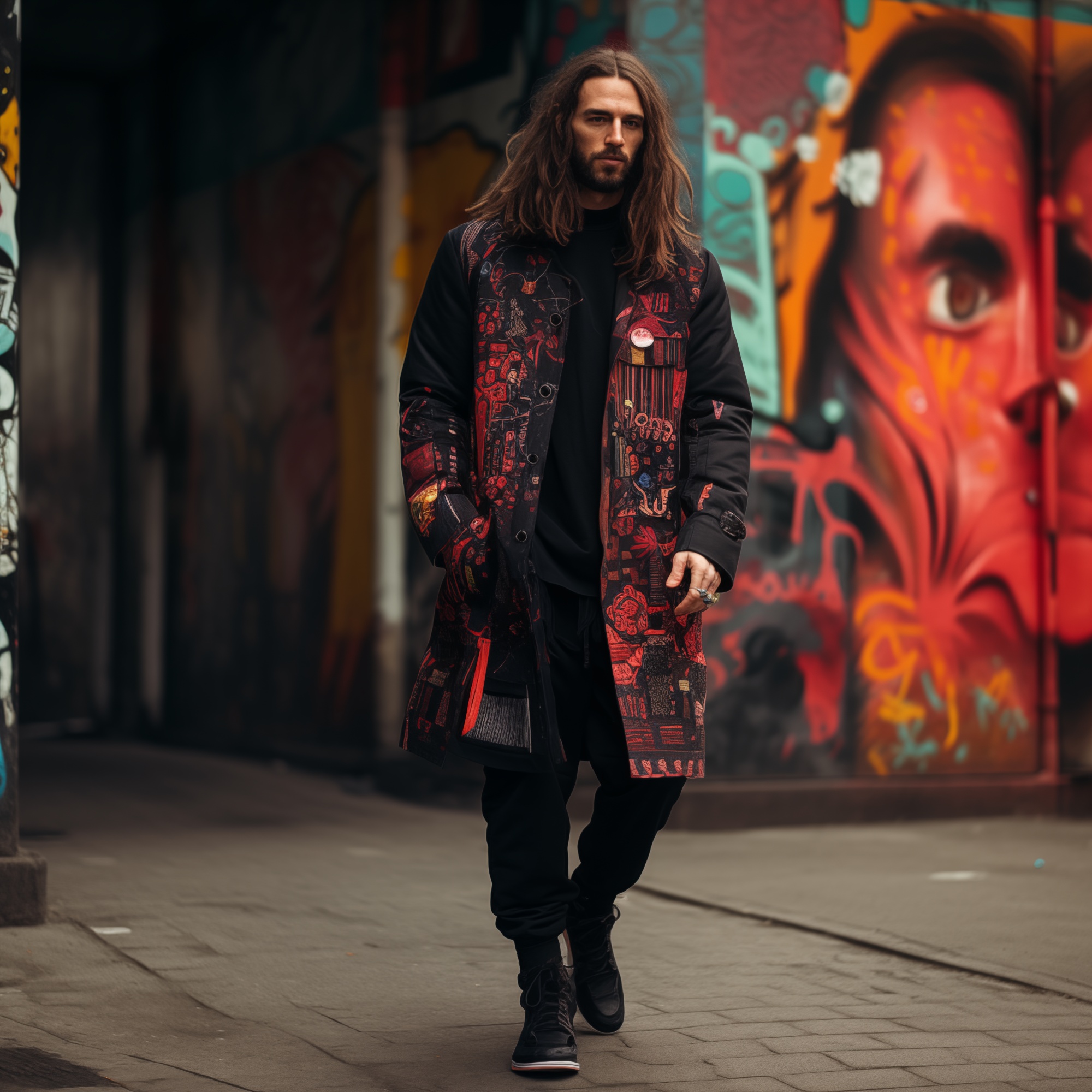 A full-length figure of a man with long brown hair walking toward the viewer on an urban street lined with graffiti. He wears a long black coat with red and dark patterned details, black trousers, and black boots. A large painted face is visible on the wall behind him.