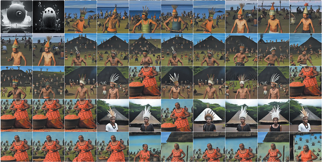 A grid of AI generated images of scenes depicting Indigenous cultural life, including ceremonial gatherings, traditional feathered headdresses, communal activities, and large thatched structures. Some images show individuals wearing vibrant attire and working with baskets of red seeds or grains, while others feature groups in open landscapes with huts in the background. Some seem to be photographs, others are more painterly.
