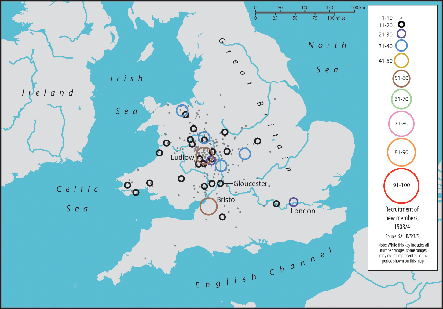 Map 0.6. A map of Great Britain and Ireland. Circles of varying sizes demonstrate the number of new recruits of the Palmers' Guild in 1503/4. Ludlow and Bristol have the largest circles, with between 51 and 60 new recruits. Gloucester and London are also labelled.