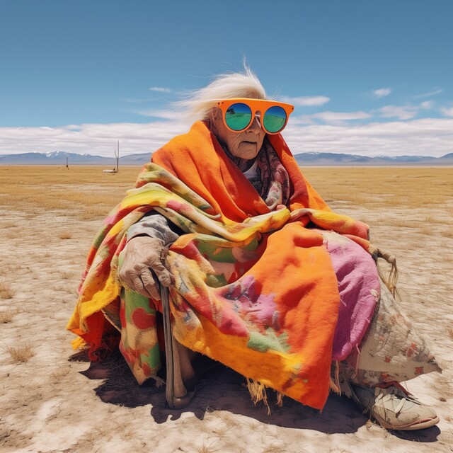 An elderly woman with white windswept hair sits on a chair in the middle of a vast, flat altiplano landscape. She is wrapped in colourful blankets in orange, pink, yellow, and green, and wears oversized orange sunglasses with reflective green lenses. Snow-capped mountains line the distant horizon under a clear blue sky. The wide-angle photorealistic composition suggests an 18mm lens.