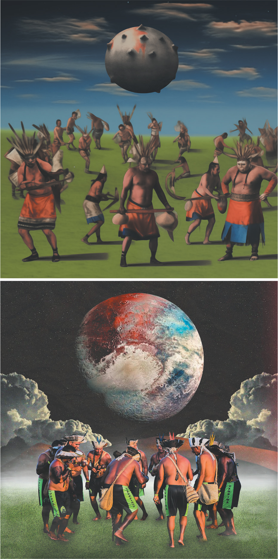 Top image: An AI-generated illustration of a surreal scene of Indigenous people wearing traditional attire and feathered headdresses, standing and moving across a grassy plain under a deep blue sky. They hold large wooden sticks with spherical ends, suggesting a ceremonial or athletic activity. Above them floats a large, spiked, metallic orb, adding a fantastical element to the composition. There are clear elements of AI hallucination in the image. Bottom image: A digital collage in Indigenous Futurist style of a group of Indigenous men dancing a toré in a circle on a grassy surface, bare-chested and wearing long black shorts with vibrant green side panels saying ‘GUERREIROS’ [warriors] on one leg and ‘KAMBIWÁ’ [Indigenous ethnicity] on the other. They are wearing traditional feather headdresses, have traditional fibre bags slung across their chests and each carries a maracá. Behind them looms a massive, vividly coloured planet-like sphere in a starry sky, framed by dramatic clouds, creating a cosmic, dreamlike atmosphere.