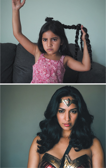Two AI-generated photographs showing head-and-shoulders shots of female subjects of Indigenous or Latina phenotype. Top image: A girl with long, dark braided hair sits on a dark couch, wearing a sleeveless pink floral dress. One arm is raised while the other holds a thick braid that splits into smaller braids, with a small topknot visible on the head. The braids are unusual evidencing AI hallucination. Bottom image: A woman with long, wavy black hair is dressed in a metallic red and gold costume resembling armour, featuring a diagonal black strap across the chest and she has a similar metallic red and gold headband. She resembles a Marvel hero such as Wonder Woman. The background is a neutral grey wall as per a studio shot.
