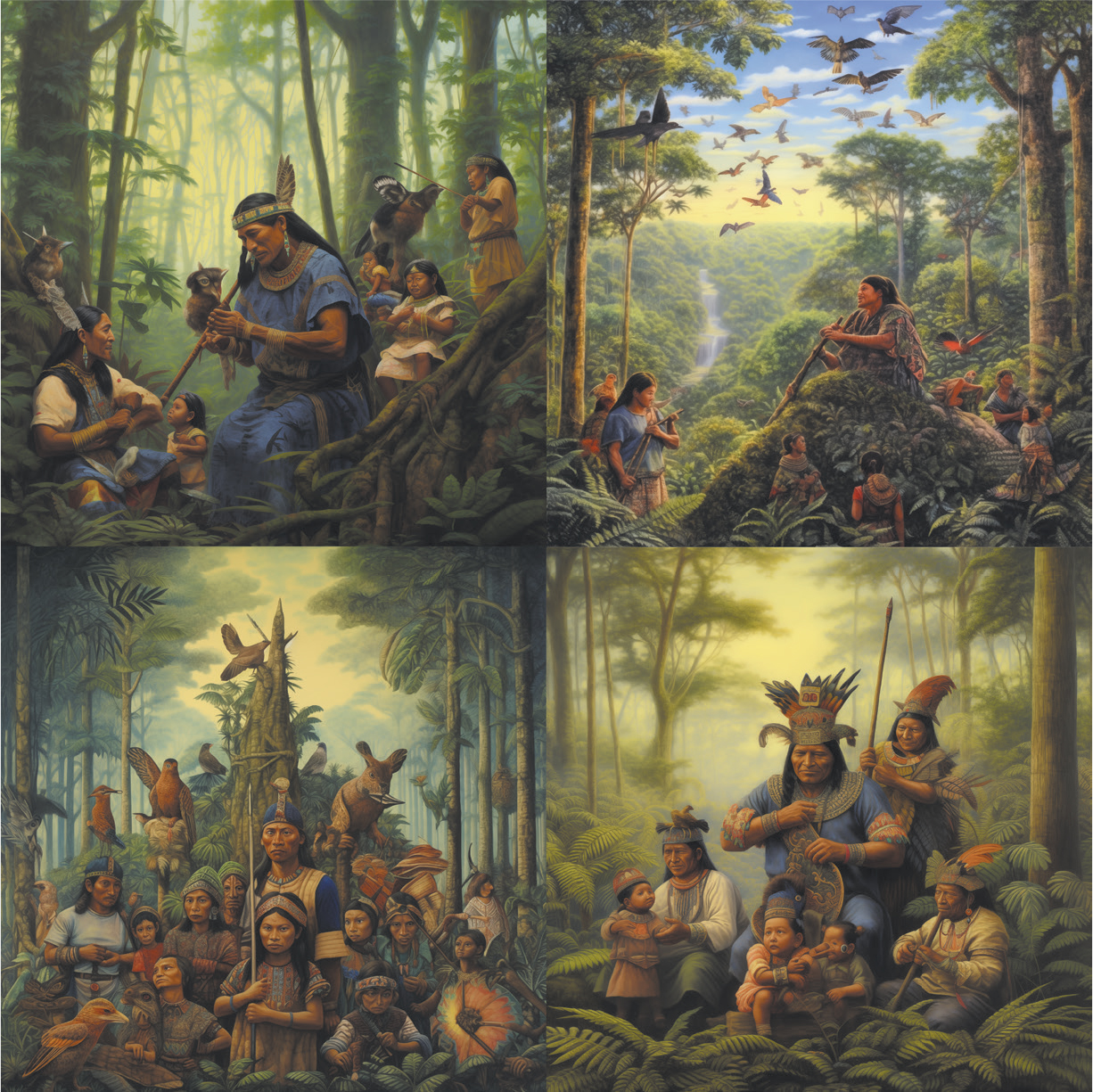 AI-generated grid of four detailed paintings depicting groups of people in a dense rainforest setting engaged in communal and cultural activities. Top left shows individuals seated among large tree roots, interacting and holding ceremonial objects; top right features a group on a rocky ledge overlooking a lush valley with birds flying overhead; bottom left portrays a large gathering with birds perched above; bottom right shows a group with elaborate feathered headdresses and traditional attire, surrounded by ferns and towering trees. Rich green tones dominate, with detailed foliage and natural light filtering through the forest canopy.