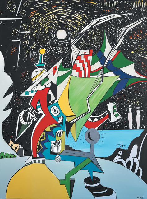 Abstract acrylic painting, with bold, angular shapes and vivid colours including red, green, yellow, blue, and black. The composition features dynamic, interlocking geometric forms resembling fragmented figures, set against a black background with swirling dots suggesting stars and a bright circular element suggesting a moon or sun. The lower section includes stylized architectural shapes and a blue area evoking water, creating a surreal, Cubist-inspired scene.