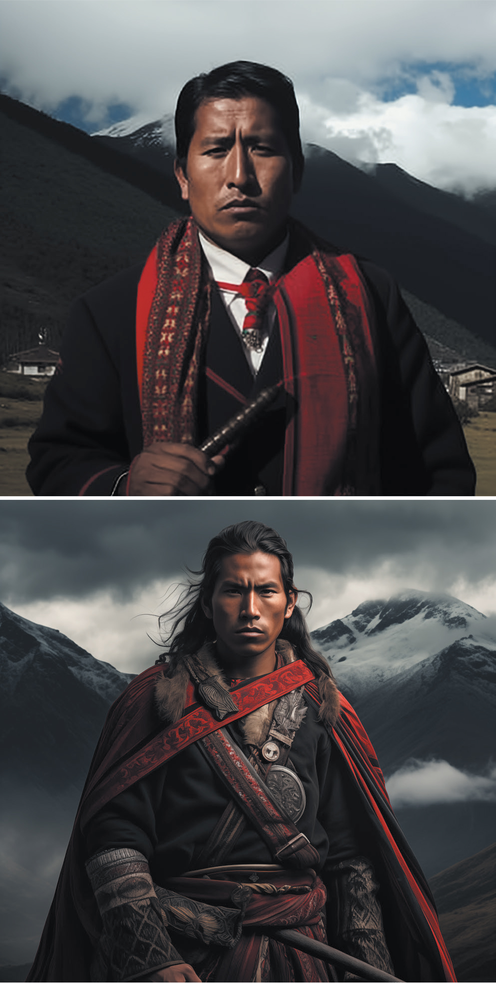 Top image: AI-generated photograph of a dark-skinned man wearing formal attire with a white shirt, a dark red-trimmed jacket and a red scarf showing traditional weaving designs around his neck, attached to a kind of tie at his shirt collar and hanging down his front, and with a wooden staff in his hand. The background shows a mountainous landscape with snow-capped peaks, grassy fields, scattered houses, and a partly cloudy sky. Bottom image: AI-generated photograph of a dark-skinned man with long flowing hair and wearing elaborate traditional-style clothing with layered garments in deep red and dark tones, accented by intricate patterns and a fur-trimmed cloak. A large circular ornament is visible on his chest and a sheathed sword at his waist. The background shows dramatic snow-covered mountains under a cloudy, moody sky.