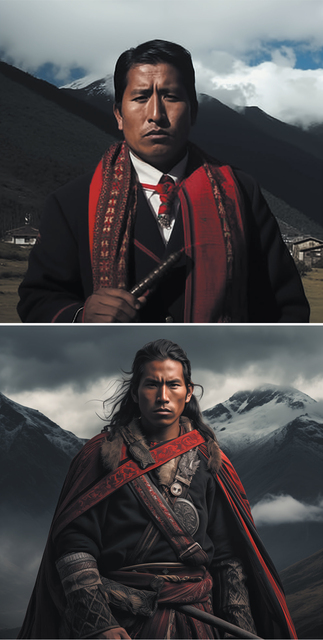 Top image: AI-generated photograph of a dark-skinned man wearing formal attire with a white shirt, a dark red-trimmed jacket and a red scarf showing traditional weaving designs around his neck, attached to a kind of tie at his shirt collar and hanging down his front, and with a wooden staff in his hand. The background shows a mountainous landscape with snow-capped peaks, grassy fields, scattered houses, and a partly cloudy sky. Bottom image: AI-generated photograph of a dark-skinned man with long flowing hair and wearing elaborate traditional-style clothing with layered garments in deep red and dark tones, accented by intricate patterns and a fur-trimmed cloak. A large circular ornament is visible on his chest and a sheathed sword at his waist. The background shows dramatic snow-covered mountains under a cloudy, moody sky.