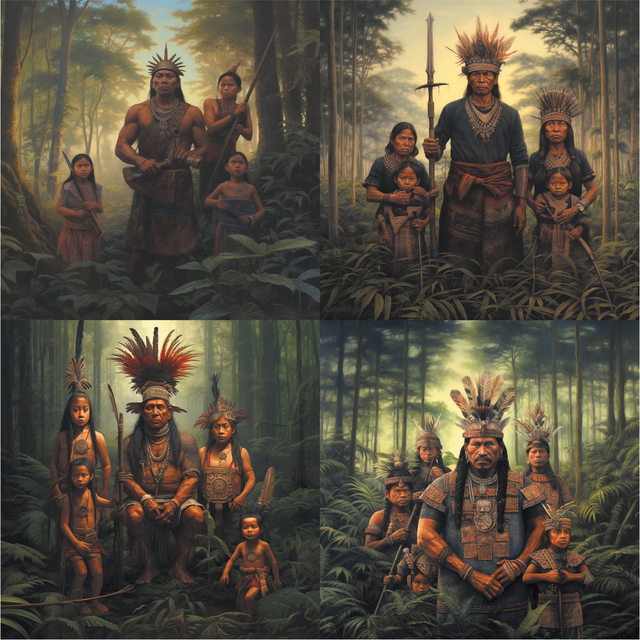 AI-generated grid of four detailed paintings depicting groups of dark-skinned people in traditional attire standing in dense forest settings. Each group seems to represent a family and wears elaborate clothing adorned with beads, woven patterns, and accessories, including headdresses made of feathers and natural materials. They hold spears and other ceremonial objects, surrounded by lush green foliage and towering trees, evoking a sense of cultural heritage and connection to nature.
