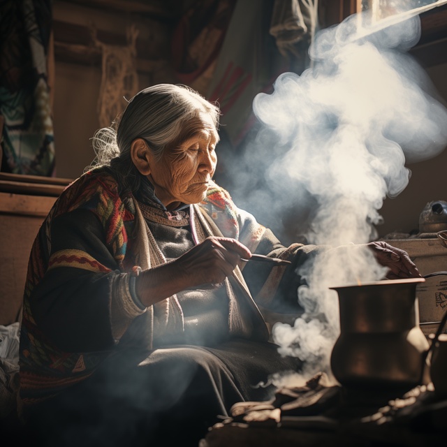 An elderly woman in profile sits beside a steaming pot on a stove in a dimly lit interior. She wears a dark shawl with colourful Andean textile patterns over her shoulders. Smoke rises prominently into the light. The setting is domestic and intimate.