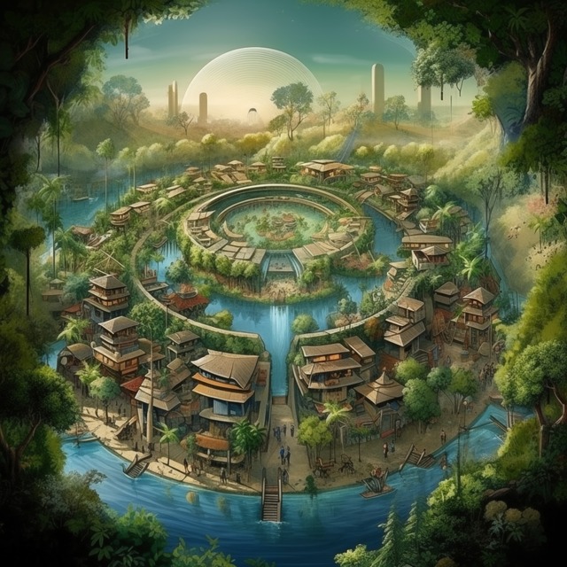 An illustrated aerial view of a circular city arranged in concentric rings around a central green island, surrounded by water and waterfalls. Wooden buildings with pitched roofs are connected by pathways and bridges amid lush tropical vegetation. Tall monoliths and a translucent dome are visible in the distant background. Drawing-like style with soft colours.