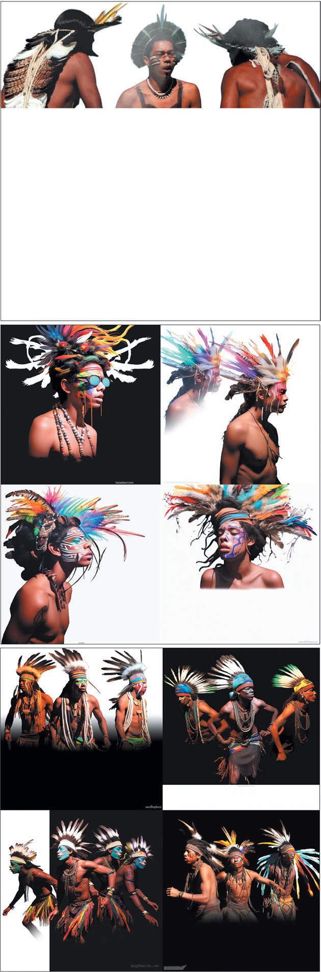 A sequence of three images demonstrating a way around image generation filters that can block the generation of images of Indigenous people because of the exposure of bare chests and other body parts. The top image shows the original photograph described in Fig 14.4, trimmed to only show head and shoulders. The middle AI-generated image shows images of an Indigenous man wearing vibrant and extravagant feather headdresses; two are head-and-shoulders only, but two (top-right and bottom-left) reveal a bare chest. The bottom AI-generated image shows full-body shots of groups of bare-chested Indigenous men dancing in vibrant pseudo-traditional attire, including large multicoloured feathered headdresses, lots of bead necklaces, woven belts, and skirts with colourful fringes.