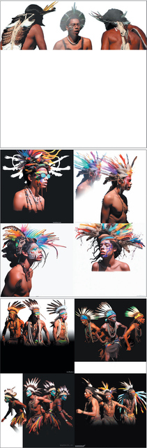 A sequence of three images demonstrating a way around image generation filters that can block the generation of images of Indigenous people because of the exposure of bare chests and other body parts. The top image shows the original photograph described in Fig 14.4, trimmed to only show head and shoulders. The middle AI-generated image shows images of an Indigenous man wearing vibrant and extravagant feather headdresses; two are head-and-shoulders only, but two (top-right and bottom-left) reveal a bare chest. The bottom AI-generated image shows full-body shots of groups of bare-chested Indigenous men dancing in vibrant pseudo-traditional attire, including large multicoloured feathered headdresses, lots of bead necklaces, woven belts, and skirts with colourful fringes.