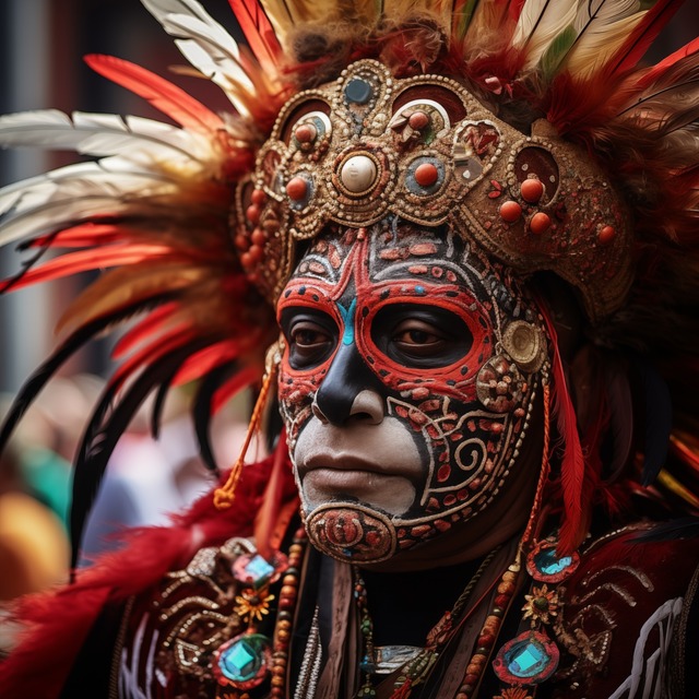 A close-up portrait of a figure wearing an elaborate carnival mask with red and black painted patterns, ornamental beading, and a feathered headdress in red and white. Turquoise jewellery is visible at the neck and on the headdress. The background is blurred, suggesting a crowd.