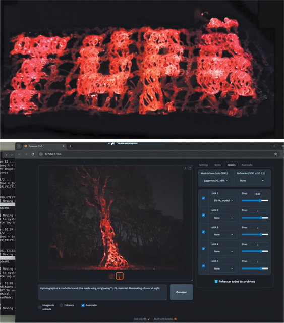 Top image: a close-up photograph of a crocheted textile illuminated with vibrant red light, forming the letters ‘TUPÃ’ [God, in Tupi Guarani]. The material’s intricate loops and texture are highlighted against a dark background, creating a striking contrast and luminous effect. Bottom image: a screenshot of a computer screen displaying an AI image generation interface with a photograph of a tree glowing in vivid red light against a dark forest background. The tree’s trunk and branches appear illuminated, creating a striking contrast with the surrounding shadows.