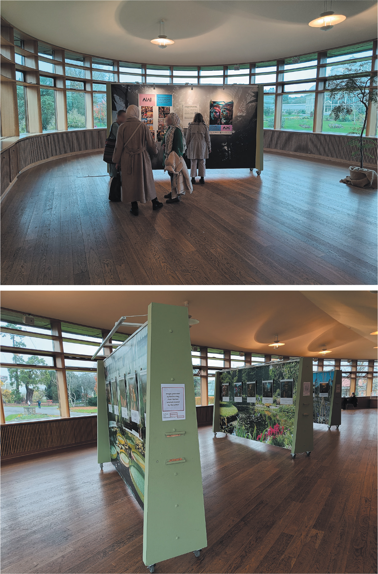 Two photographs showing a bright, circular gallery space with wooden floors and large windows showing greenery outside. In the top image, in the centre, a display panel features colourful posters and text under the heading ‘AIAI’. Several people wearing long coats and headscarves stand in front of it, viewing the exhibit. In the bottom image we see three green display panels on wheels. They are each covered entirely in large photographs of gardens and landscapes, with smaller posters positioned on top, in sets of five. Instructions on the layout of information in each poster is visible at the end of each panel.