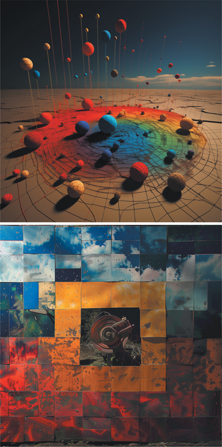 Top image: AI-generated digital-art-style image showing a surreal scene featuring a cracked, desert-like surface with a circular rainbow gradient at the centre, transitioning from red to blue. Dozens of textured spheres in red, blue, and beige are scattered and suspended on thin strings above the ground, creating a dynamic, floating effect under a deep blue dusky sky. Bottom image: AI-generated photograph composed of a grid of colourful square panels arranged in a gradient from deep red at the bottom to orange, yellow, and blue at the top, resembling a pixelated sky and sunset. At the centre, an open square reveals a rusty mechanical object with circular components set against greenery.