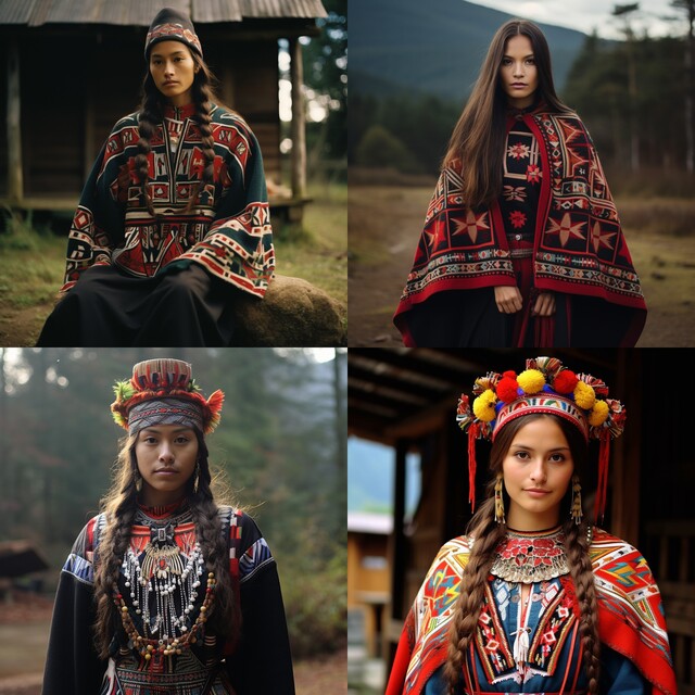 A four-panel grid showing four women of different apparent ethnicities, each wearing clothing with red, blue, and black geometric patterns. Three have long dark hair in braids, two wear elaborate beaded headdresses. Backgrounds vary between rural, forested, and architectural settings.